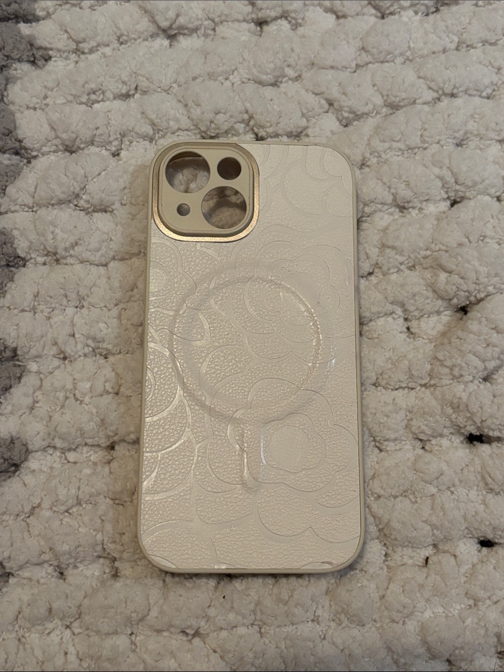 White Floral Embossed Phone Case with Gold Camera Trim